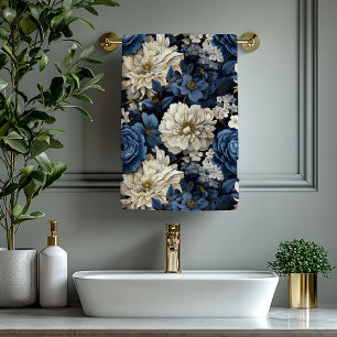 Toalha de Banho Flores Azul Navy Marfim Dourado Ch