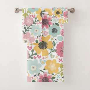 Toalha de Banho Flores Rosa Azul Amarelo Floral Mo