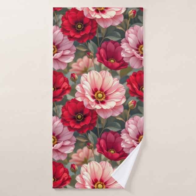 Toalha De Banho Flores rosa, vermelhas e malva  (Toalha de Banho)
