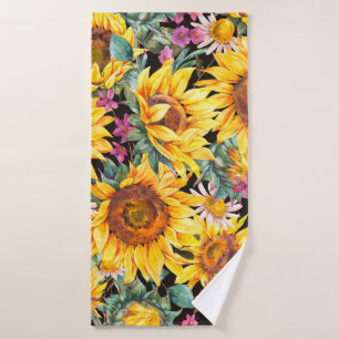 Toalha De Banho Flores solares de aquarelas e vindimas de verão,