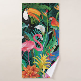 Toalha De Banho Flores tropicais e aves