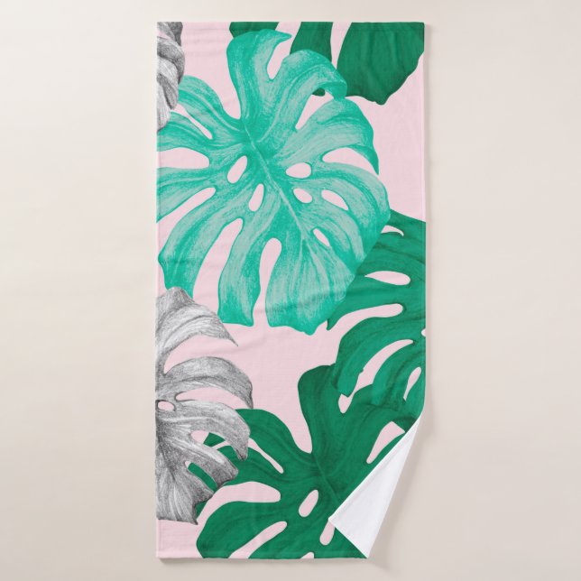 Toalha De Banho Folhas tropicais de monstera ilustração desenhada  (Toalha de Banho)