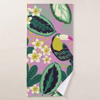 Toalha De Banho Folhas tropicais, flores e aves de tucano, sem cos