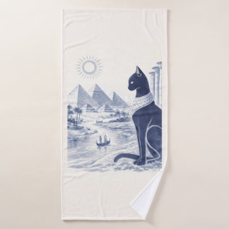 Toalha De Banho Gato Bastet do Antigo Egito e Pirâmides Azul