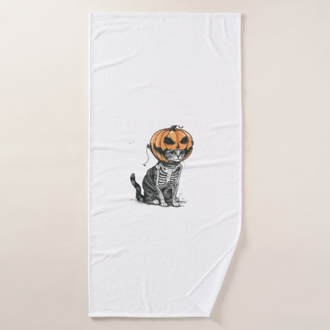 Toalha De Banho Gato Negro Halloween Pumpkin Cabeça Figurino Para  (Toalha de Banho)