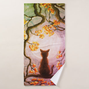 Toalha De Banho Gato Whimsso em Árvore de Pintura em Lua Cheia