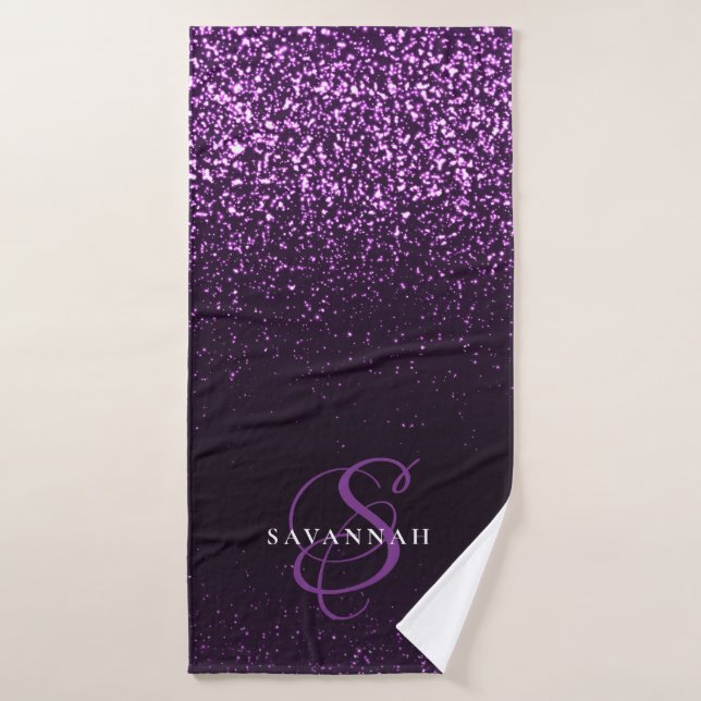 Toalha De Banho Glitter Na moda de Script Monograma Roxo Elegante (Toalha de Banho)