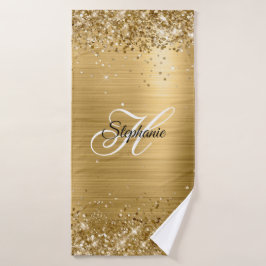 Toalha De Banho Glittery Dourado Folha Monograma Chique