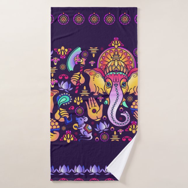 Toalha De Banho Hindu Deus Ganesha e símbolos indianos em forma de (Toalha de Banho)