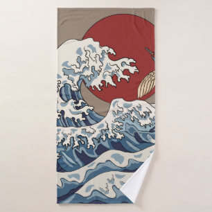 Toalha De Banho Ilustração de grua e onda japonesa tradicional C