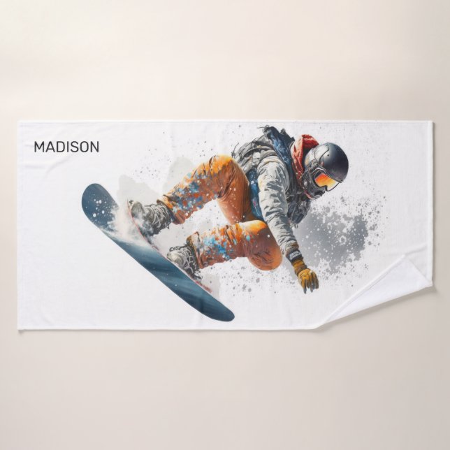 Toalha De Banho Ilustração de Snowboarder de Nome Personalizado (Toalha de Banho)
