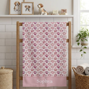 Toalha De Banho Impressão de Pata Rosa Pastel Personalizada