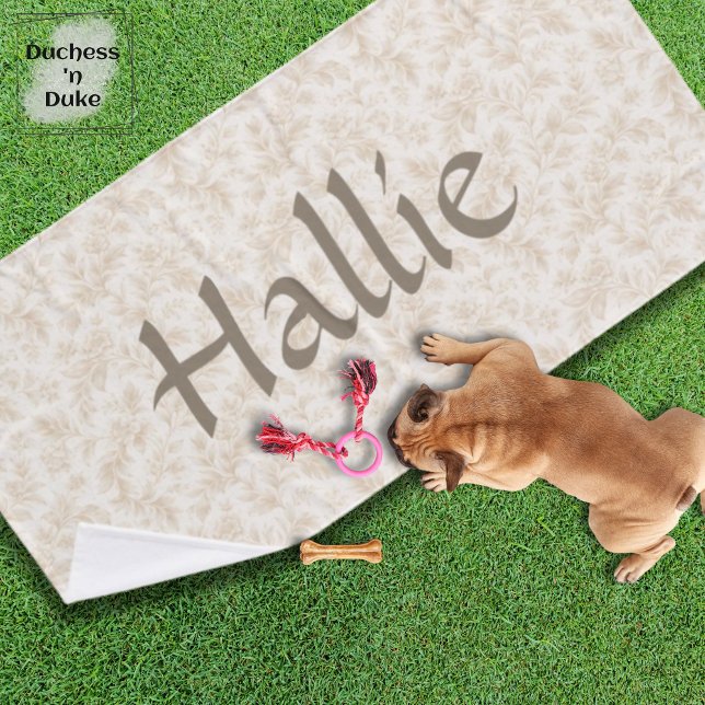 Toalha De Banho Ivory Botanical Floral Pattern Design Pet (Personalized Dog Towel with ivory botanical design laying on green lawn and small puppy with toys)