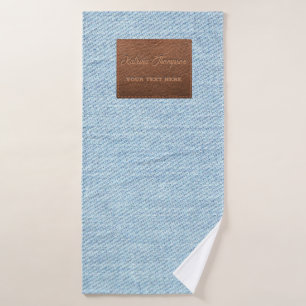 Toalha De Banho Jeans Negra Azul Moderno Textura Patch de Couro