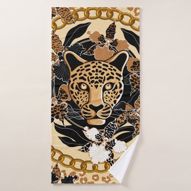 Toalha De Banho leopard's head surrounded by orchids, gold chain a (Toalha de Banho)