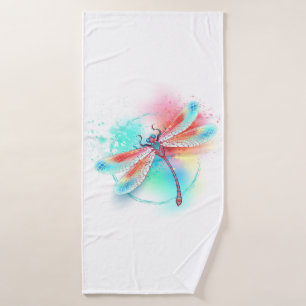 Toalha De Banho libélula vermelha sobre fundo de aquarela