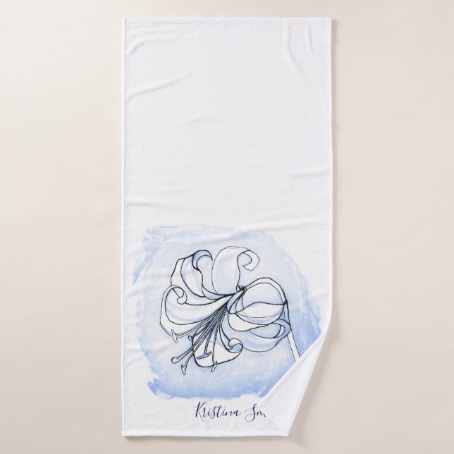 Toalha De Banho Lily Art White e Blue Elegant modelo floral (Toalha de Banho)