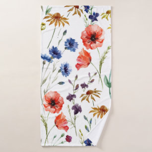 Toalha De Banho Lindas flores silvestres, aquarela, papoila, giras