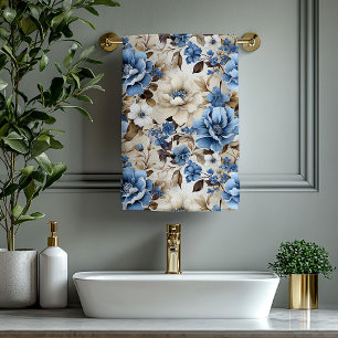 Toalha de Banho Luxuosa Navy Blue Flores Douradas