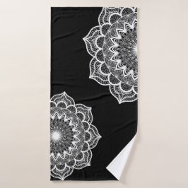 Toalha De Banho Mandala Branco em Fundo Preto