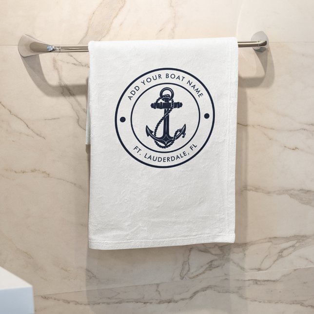 Toalha De Banho Marinho  Barco Azul com Nome de Barco Ancorante Ná (Nautical Anchor White Bath Towel)