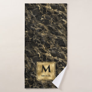 Toalha De Banho Mármore Preto e Dourado Monograma Luxo Elegante
