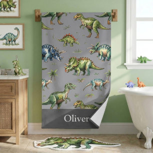Toalha De Banho Meninos Dinossauro Cute Watercolor & Nome Crianças