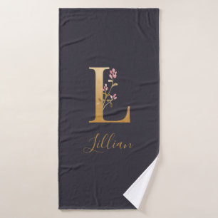 Toalha De Banho Monograma Floral Dourado Azul Elegante Personaliza