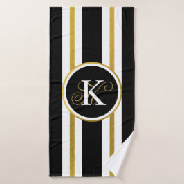 Toalha De Banho Monograma Personalizado de Stripes Negras e Dourad