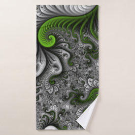 Toalha De Banho Mundo Fantasia Verde E Cinza Arte Fractal Abstrata