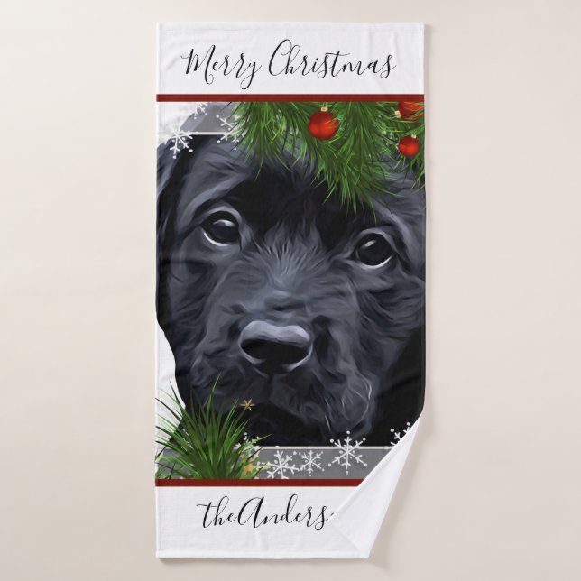 Toalha De Banho Natal no Black Lab - Puppy Labrador Personalizado (Toalha de Banho)