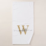 Toalha De Banho Nome com Monograma em Ouro Branco com Letra Modern<br><div class="desc">Toalha de Banho Personalizada Feminina Moderno e Elegante em Branco e Dourado com Nome ou Inicial Monograma. Apresenta um primeiro nome (ou sobrenome da família) em uma linda tipografia de letra manuscrita com cauda swash (ou caligrafia) com monograma inicial em dourado e preto sobre fundo branco. Ótimo presente feminino e...</div>