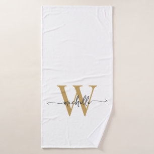 Toalha De Banho Nome de Monograma de Ouro Branco com Letra Moderna