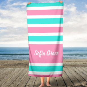 Toalha De Banho Nome do Script de Stripes Rosa Aqua Bath Towel