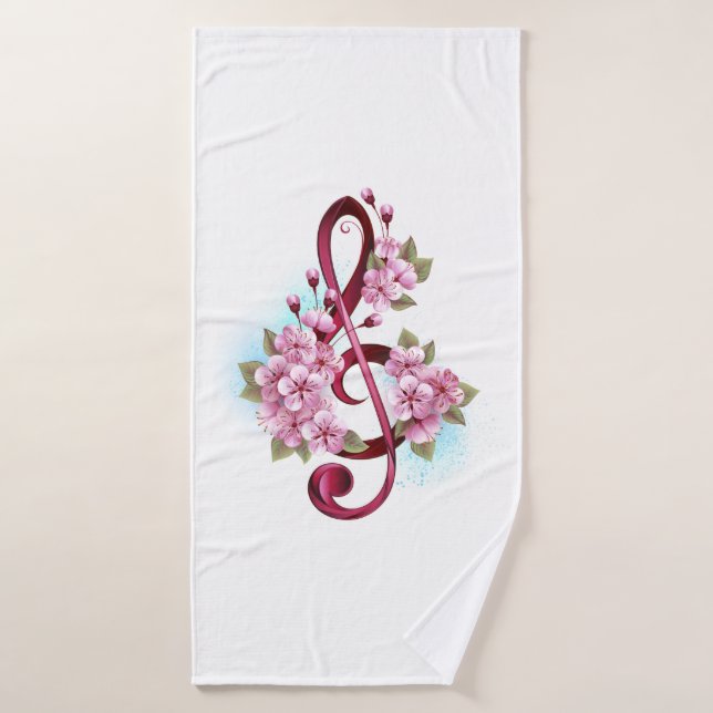 Toalha De Banho Notas de clave de trecho musical com flores de Sak (Toalha de Banho)