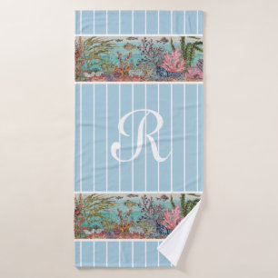 Toalha De Banho Ocean Sea Life Fish Blue Monograma Beach House