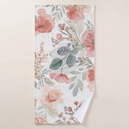 Toalha De Banho Padrão de Aquarela Floral Jardim de Coral Rosado