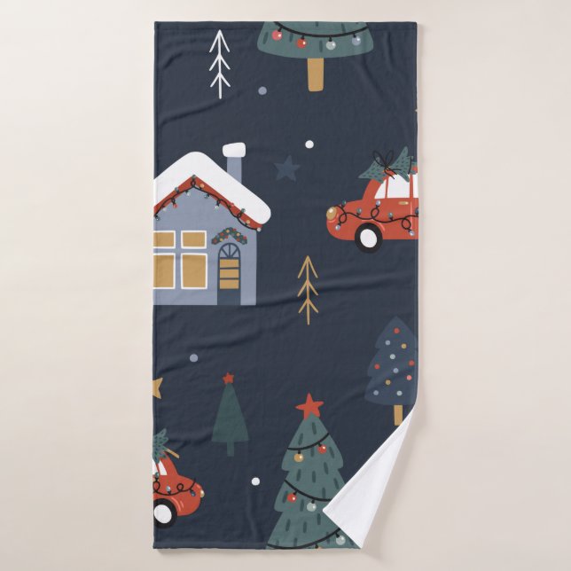 Toalha De Banho Padrão perfeito de Natal com árvore de natal, carr (Toalha de Banho)