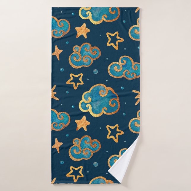 Toalha De Banho Padrão uniforme de aquarelas com a lua, estrelas,  (Toalha de Banho)