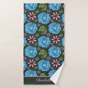 Toalha De Banho Padrão uniforme floral cor-de-rosa azul personaliz