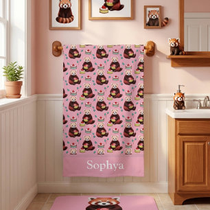 Toalha De Banho Panda Vermelho Rosa Personalizado para Crianças
