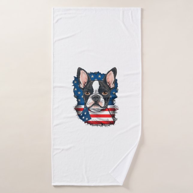 Toalha De Banho Patriótico Boston Terrier Dog Puppy American Flag  (Toalha de Banho)