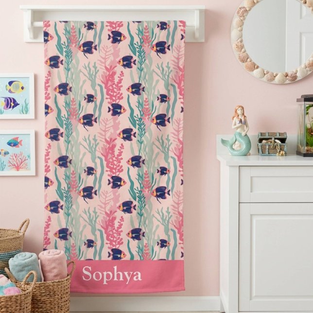 Toalha De Banho Peixes Tropicais Rosa Personalizados (Criador carregado)