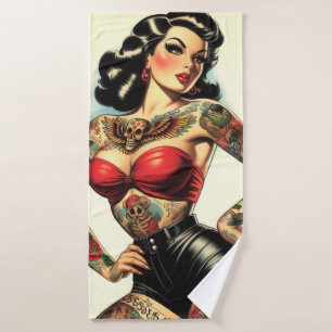 Toalha De Banho Pin-up Tatuado na Vintage