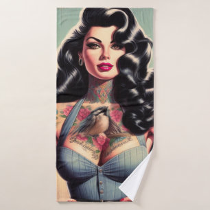 Toalha De Banho Pino de Beleza Retro Tatuado