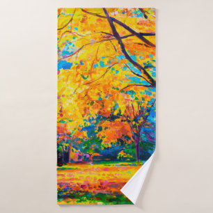 Toalha De Banho pintura a óleo na canvas. Árvores amarelas. Arte