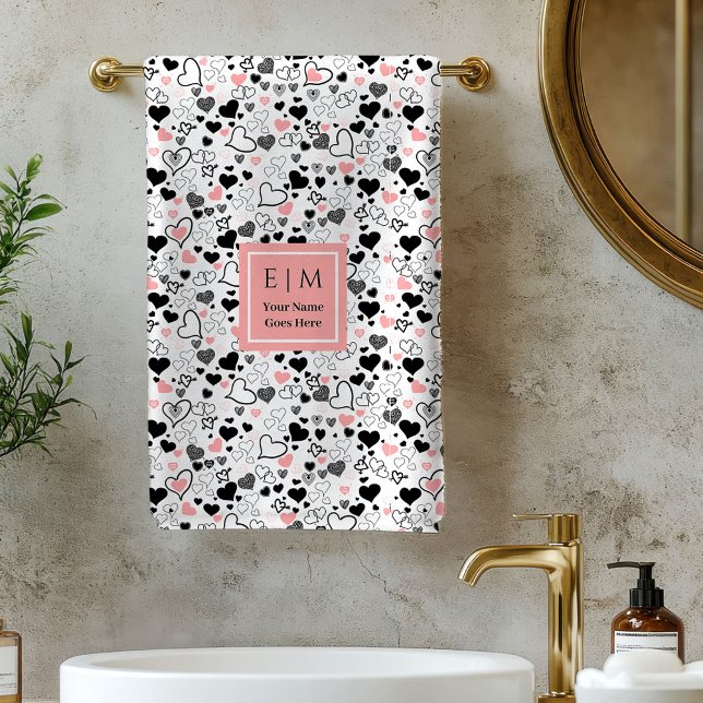 Toalha de Banho Presente de Amor Romântico Rosa Pr (Romantic Love Gift Bath Towel Pink Black Hearts)
