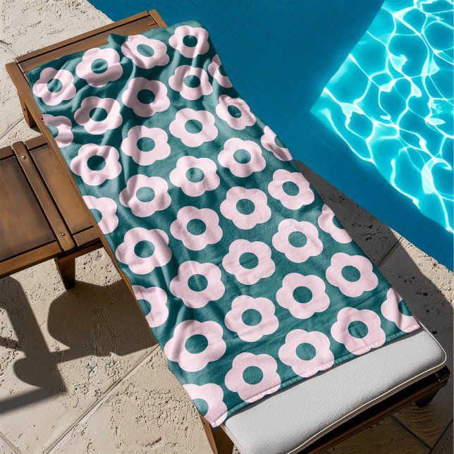 Toalha De Banho Retrô de Padrão Floral Rosa-Bonito (summer floral pattern bath towel in teal and pink colors)