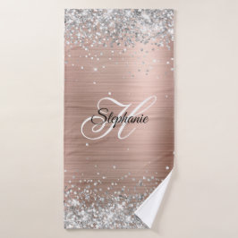 Toalha De Banho Rosa Glitter Prata Folha Dourada Monograma Chique