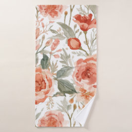 Toalha De Banho Rosas Laranja Aquarela Botânica Coral Floral